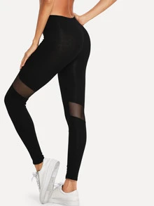 Sheer Mesh Panel Leggings - Black - View 2