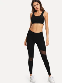 Sheer Mesh Panel Leggings - Black - View 4