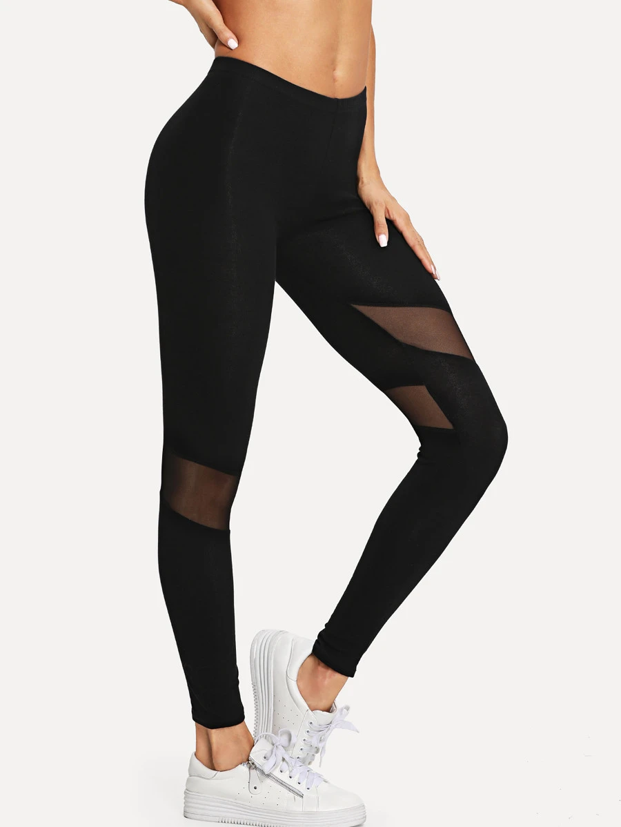 Sheer Mesh Panel Leggings - Black - View 1