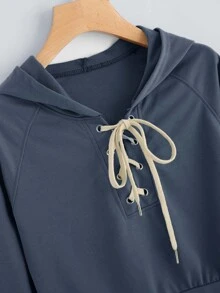 休閒簡約繫帶藍色連帽T - 霧霾藍 - 查看 3