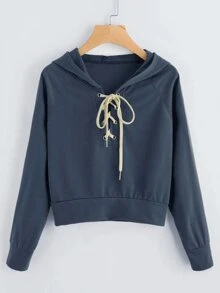 休閒簡約繫帶藍色連帽T - 霧霾藍 - 查看 1