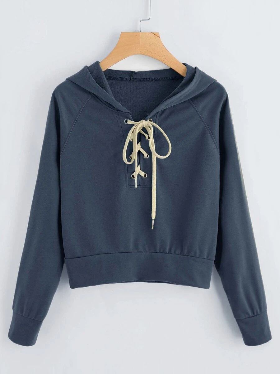 休閒簡約繫帶藍色連帽T - 霧霾藍 - 查看 1