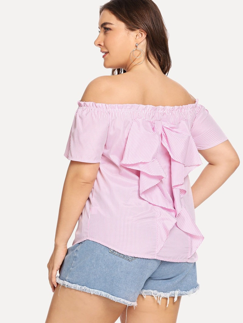 

Plus Off Shoulder Ruffle Back Striped Top, Pink, Franziska