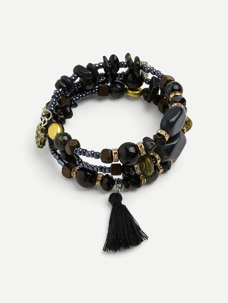 

Tassel Charm Stone Layered Bracelet, Black