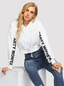 Letter Print Hooded Zip Up Crop Coat