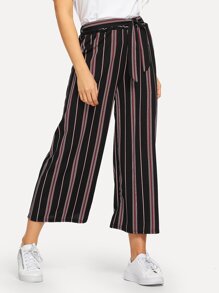 Striped Tie Waist Wide Leg Pants