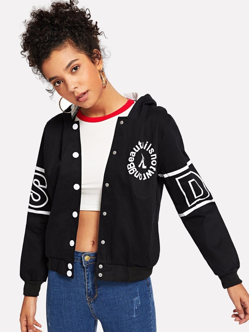 

Letter Print Hooded Jacket, Black, Starl Lane