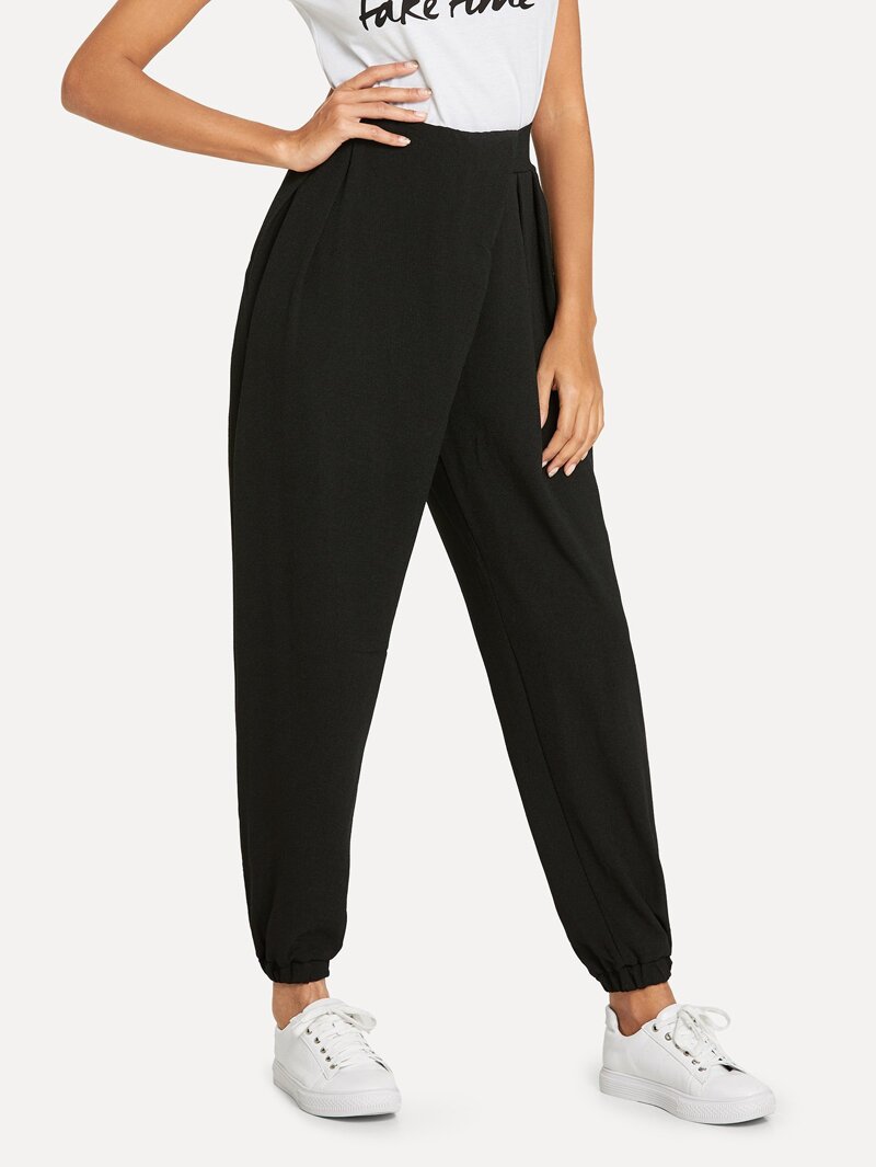 

Solid Elastic Waist Pants, Black
