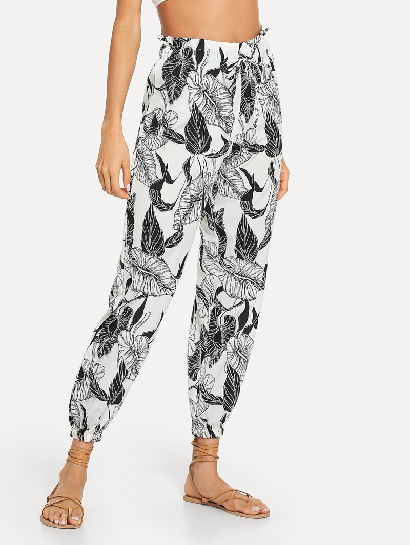 

Drawstring Waist Leaf Print Pants, Black and white, Andy