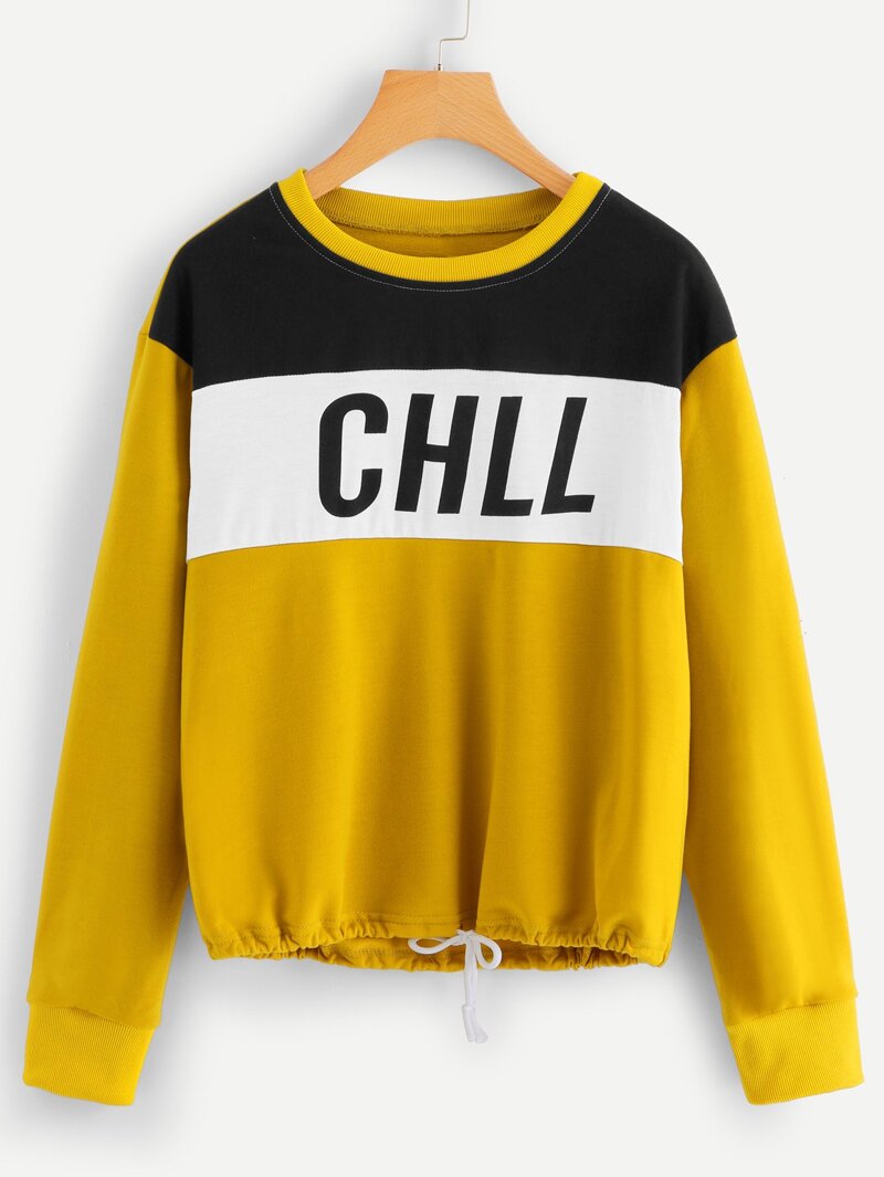 

Drawstring Hem Color Block Letter Sweatshirt, Yellow