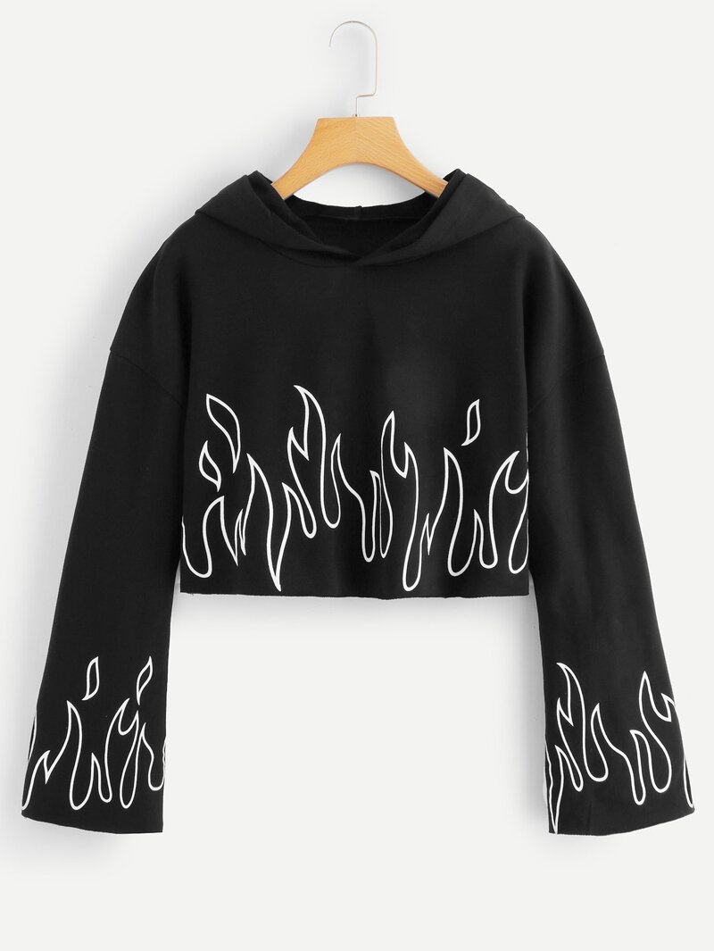 

Random Print Crop Hoodie, Black