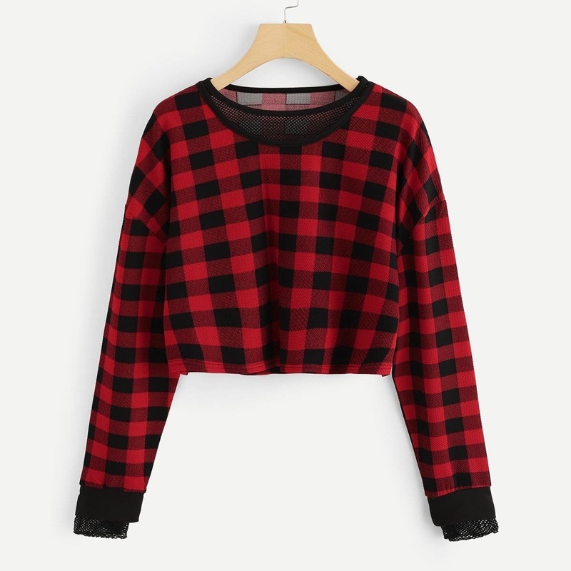 

Mesh Panel Plaid Crop Tee, Red