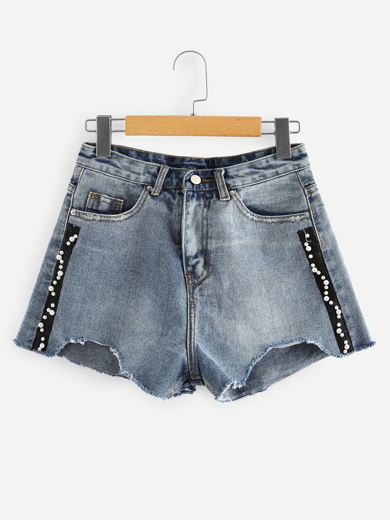 

Beaded Asymmetric Hem Denim Shorts, Blue