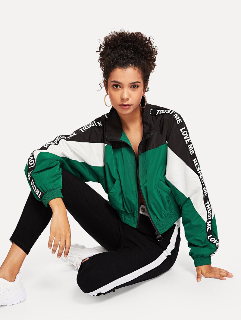

Letter Tape Sleeve Zip Front Jacket, Multicolor, Starl Lane