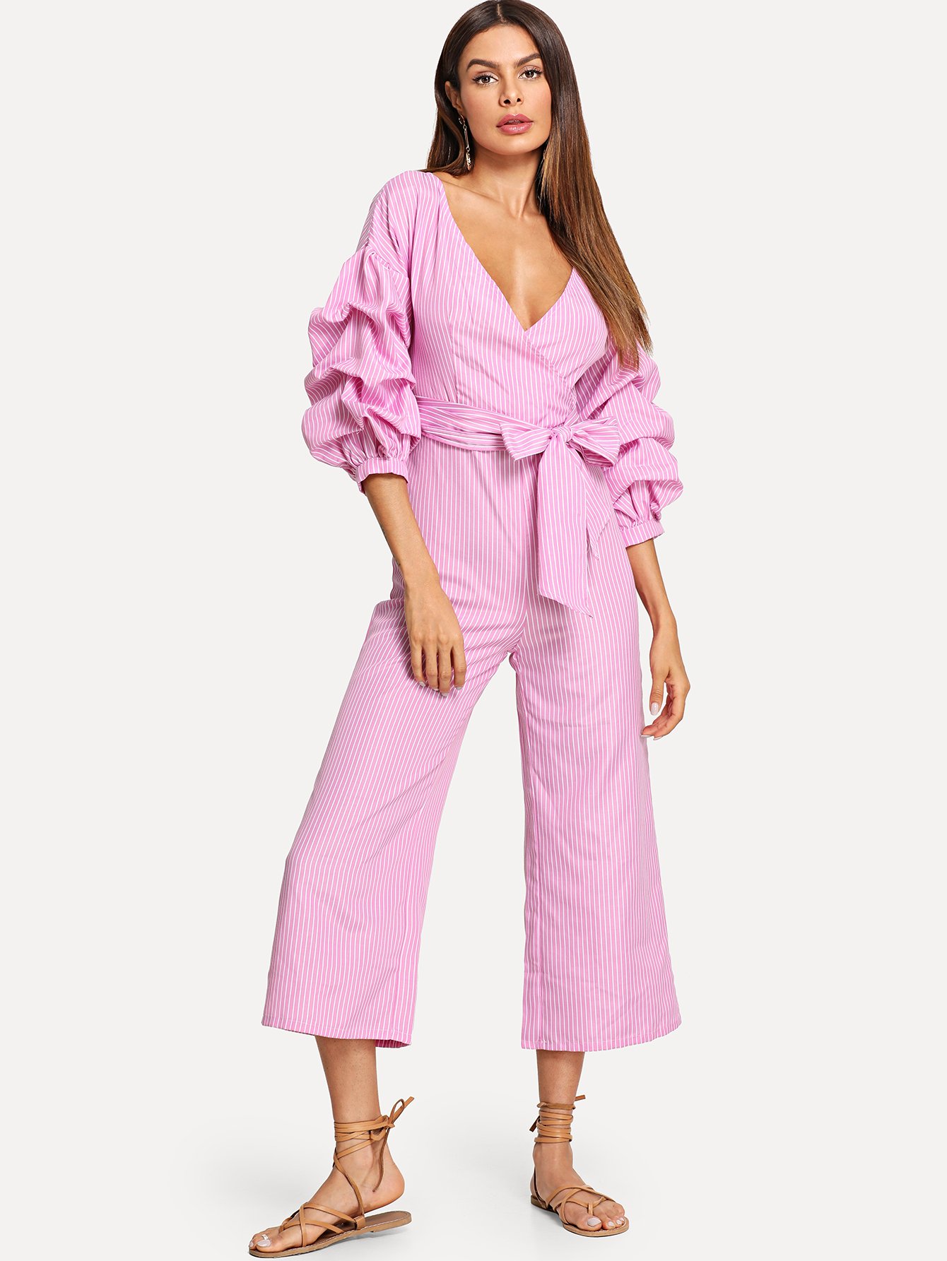 gathered sleeve surplice neck ruched jumpsuit
