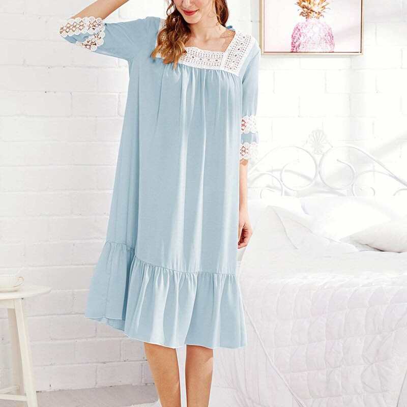 

Lace Trim Ruffle Hem Night Dress, Blue