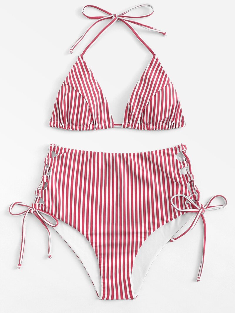 

Lace Up Side Striped Bikini Set, Red