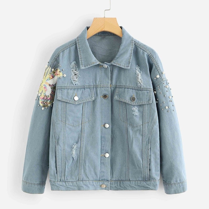 

Contrast Sequins Pearls Beaded Denim Jacket, Blue