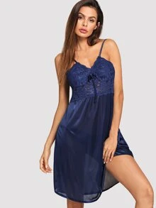 SHEIN Contrast Lace Bow Front Cami Dress - Navy Blue - View 3