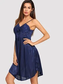 SHEIN Contrast Lace Bow Front Cami Dress - Navy Blue - View 1