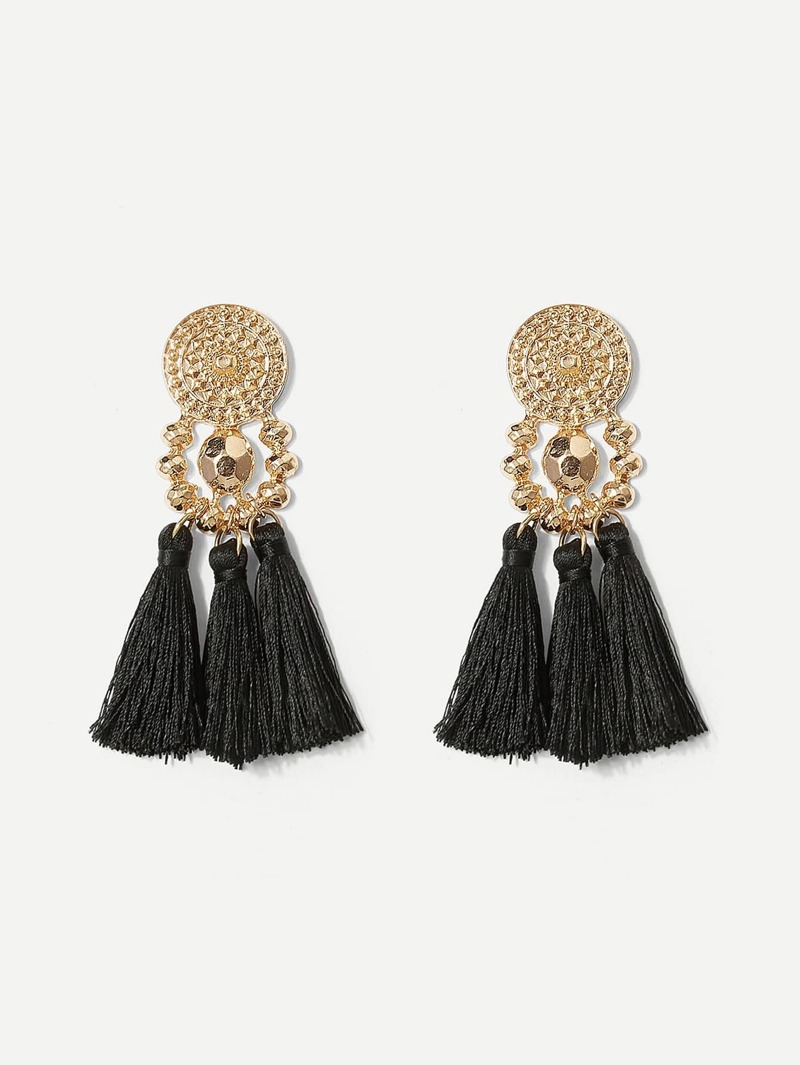 

Round Detail Tassel Drop Earrings, Black
