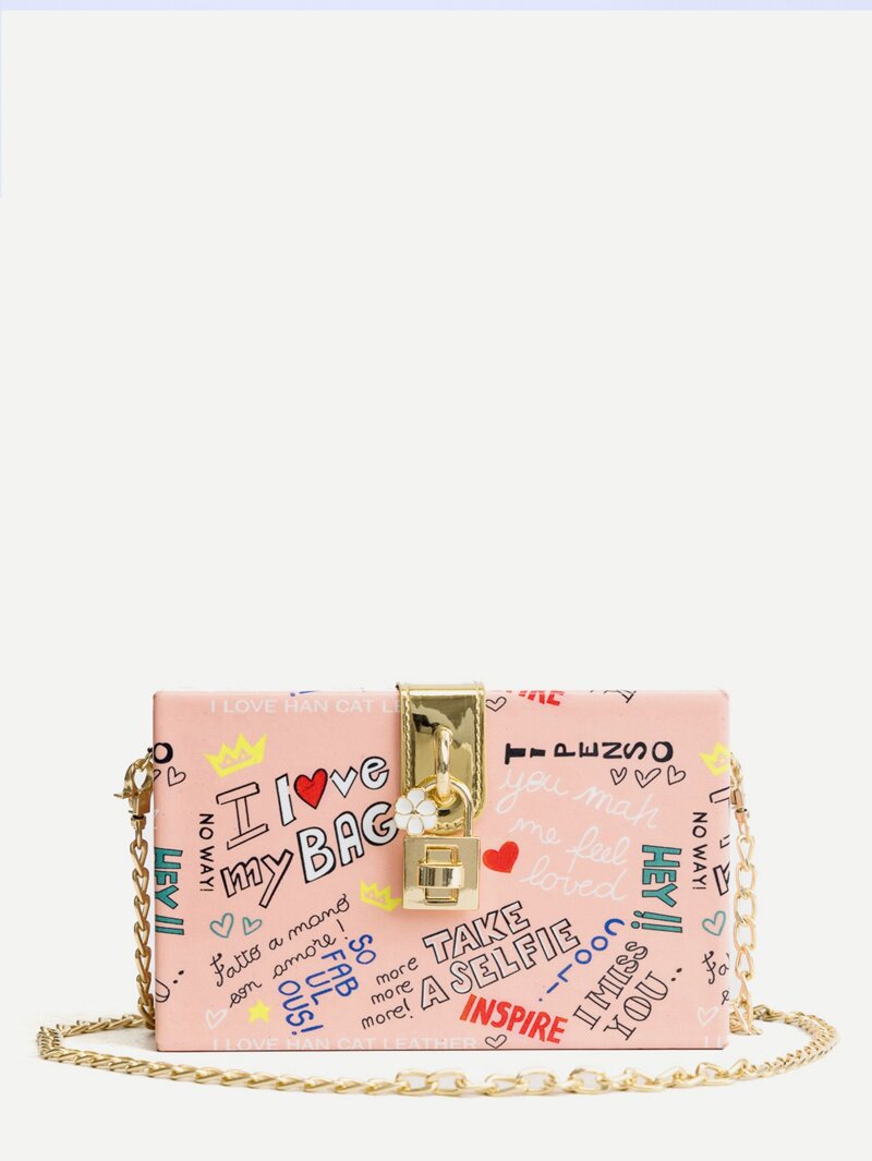 

Slogan Print Chain Bag, Pink