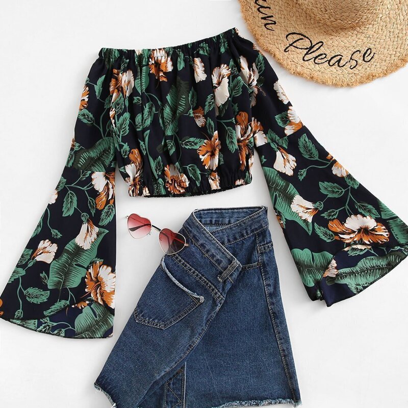 

Off Shoulder Floral Crop Blouse, Multicolor