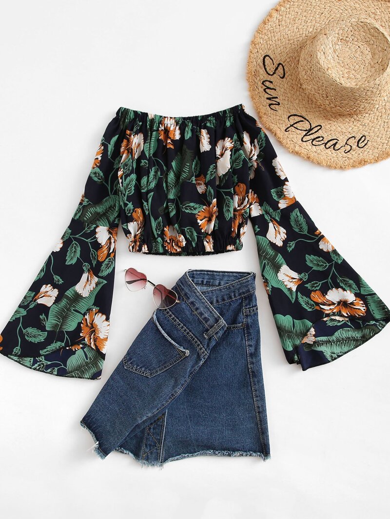 

Off Shoulder Floral Crop Blouse, Multicolor