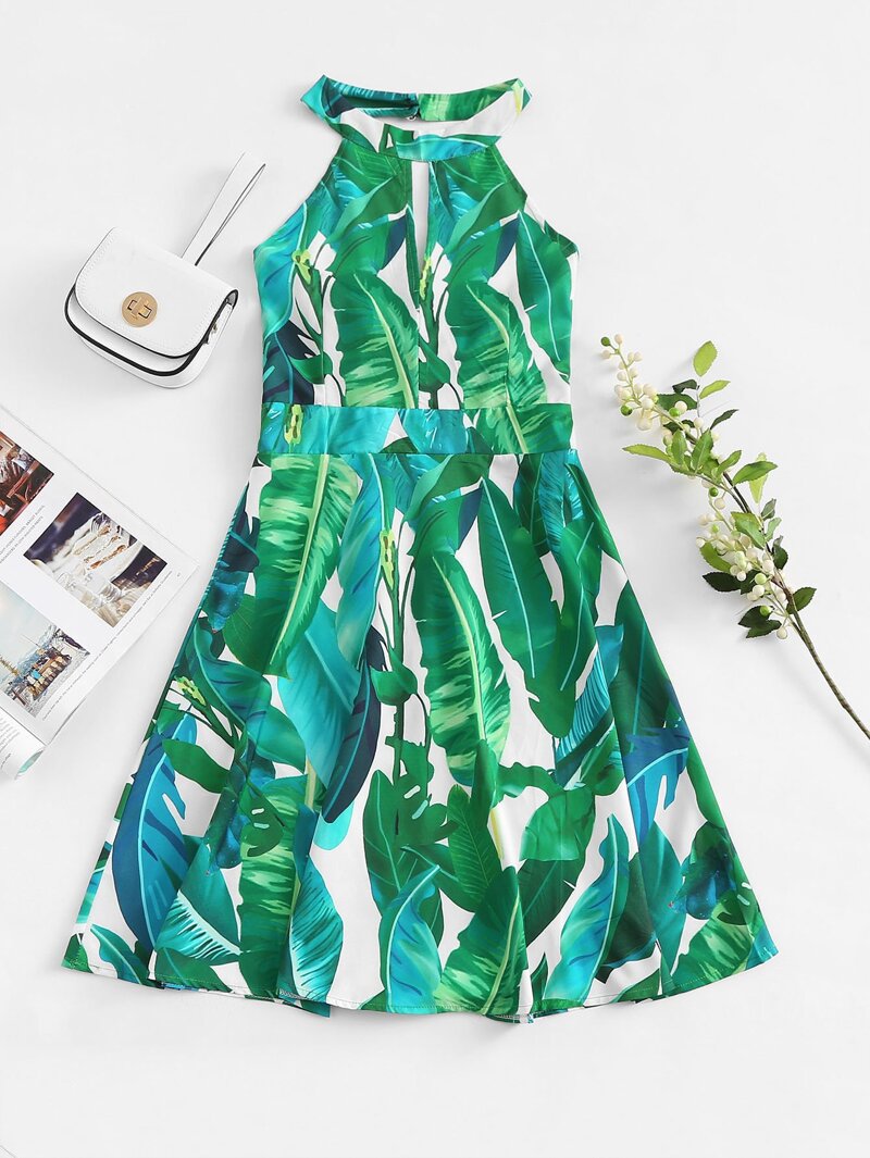 

Leaf Print Open Back Knot Halter Dress, Green