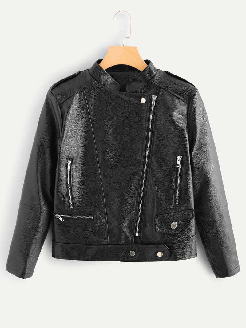 

PU Stand Neck Zipper Detail Jacket, Black