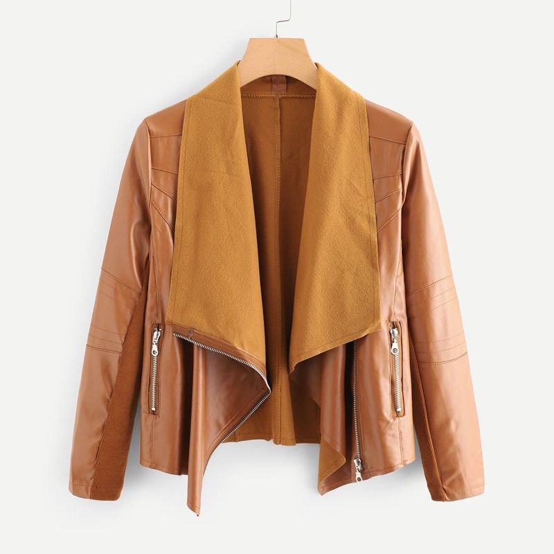 

PU Zipper Detail Lapel Jacket, Khaki