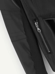 Cazadora de piel sintética con cuello en cascada y cremallera - Negro - Ver 3