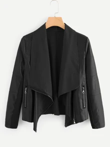 Cazadora de piel sintética con cuello en cascada y cremallera - Negro - Ver 1