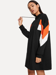 Drawstring Hoodie Colorblock Dress
