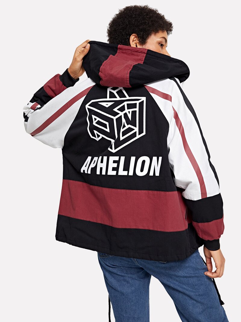 

Color Block Letter Print Hooded Jacket, Multicolor, Ana