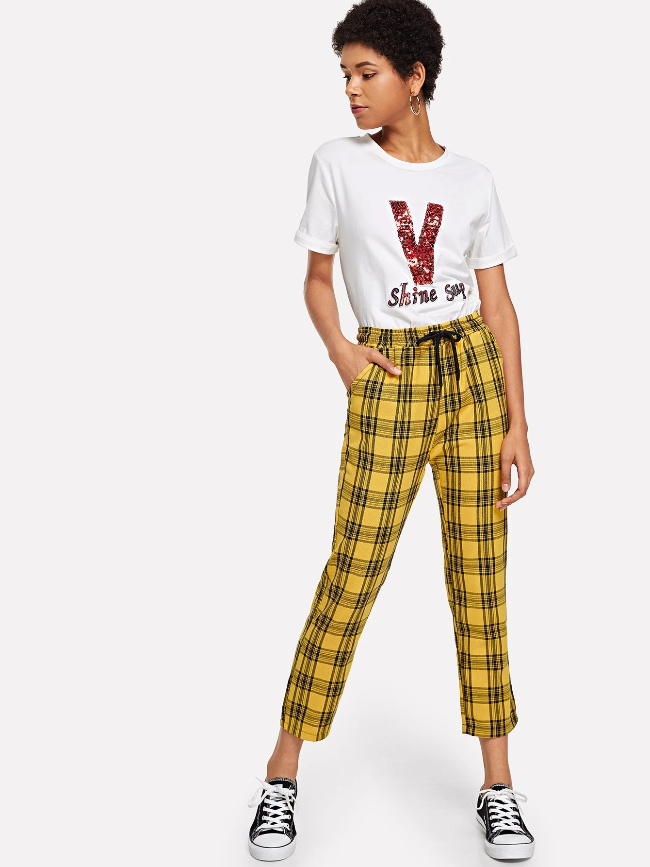 drawstring waist plaid trousers