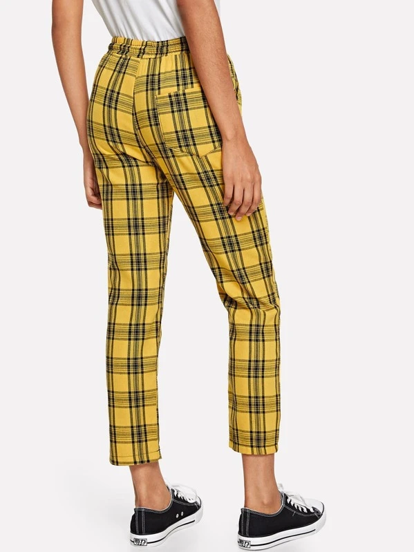 drawstring waist plaid trousers