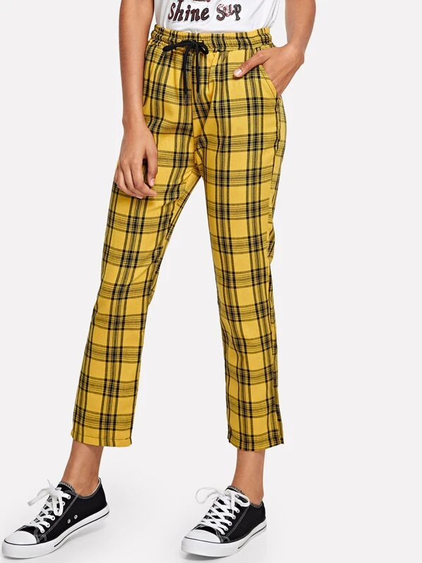 drawstring waist plaid trousers