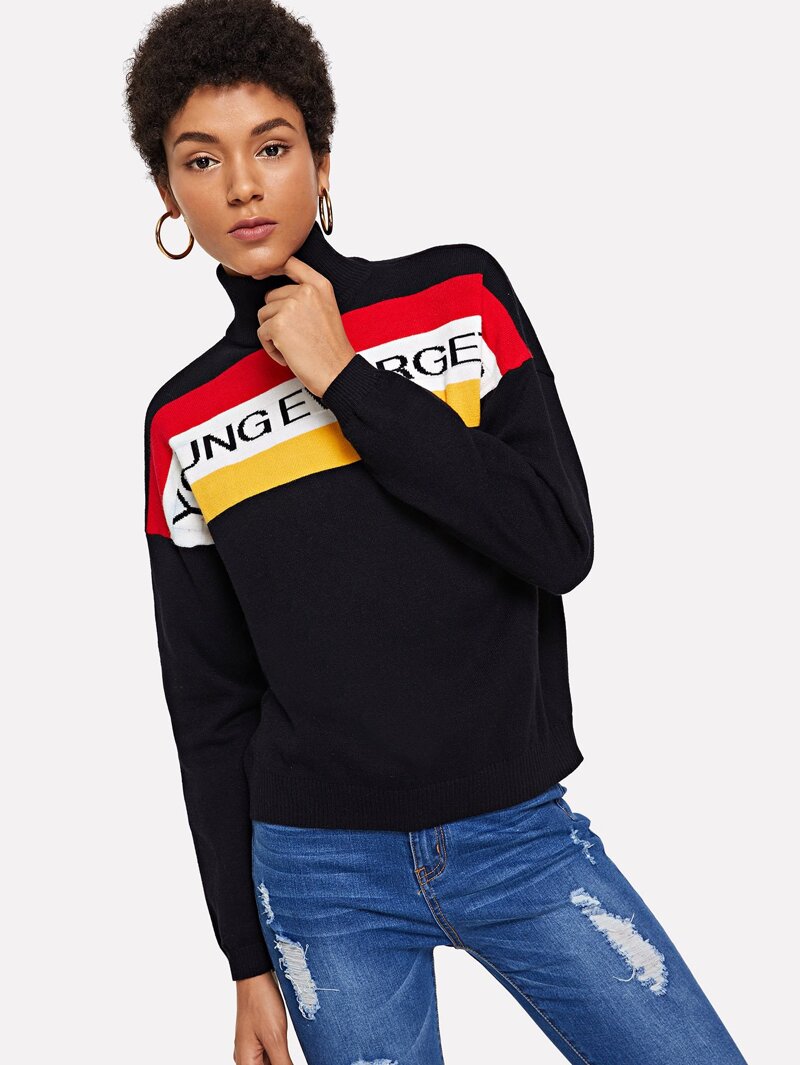 

Letter Print Striped Jumper, Black, Ana
