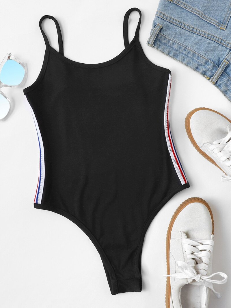 

Striped Side Cami Bodysuit, Black