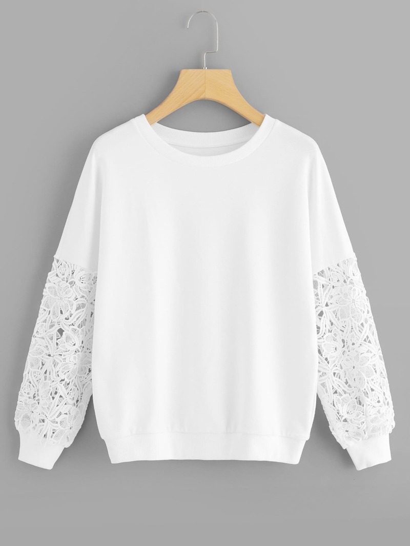 

Contrast Lace Sleeve Sweatshirt, White