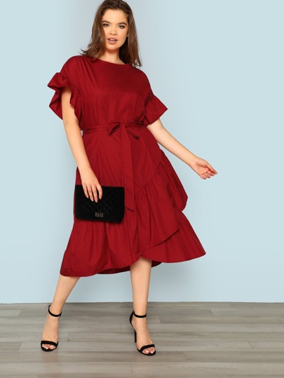 Plus Cutout Sleeve Ruffle Wrap Dress with Belt pictures