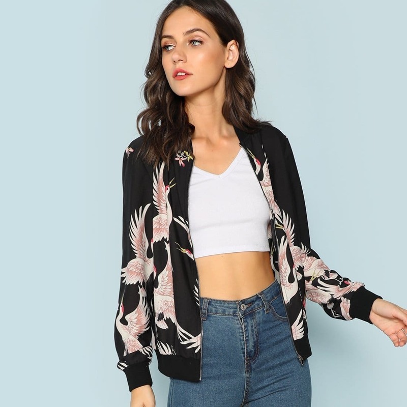 

Crane Print Zip Up Jacket, Multicolor