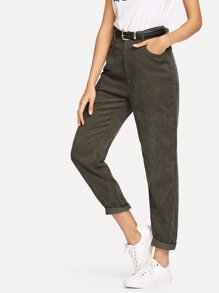 Solid Corduroy Pants Without Belt