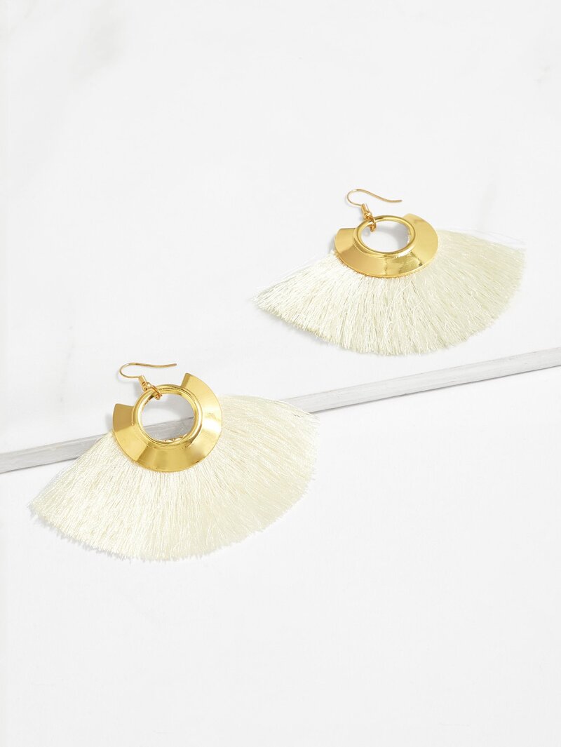 

Fan Shaped Tassel Drop Earrings, White