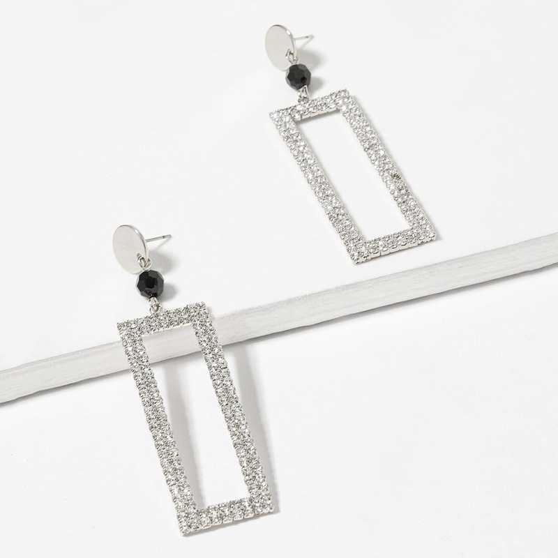 

Rhinestone Open Rectangle Drop Earrings 1pair, Silver