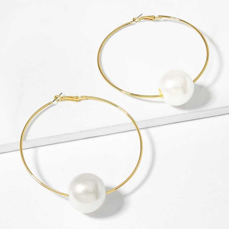 

Faux Pearl Detail Oversize Hoop Earrings 1pair, Gold