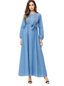 Graphic Embroidered Tie Waist Dress