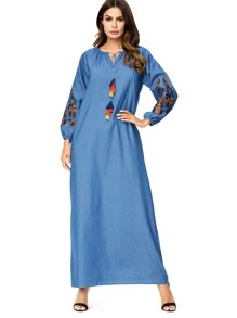 Flower Embroidered Tassel Detail Dress