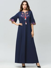 Flower Embroidered Tassel Detail Flounce Sleeve Dress